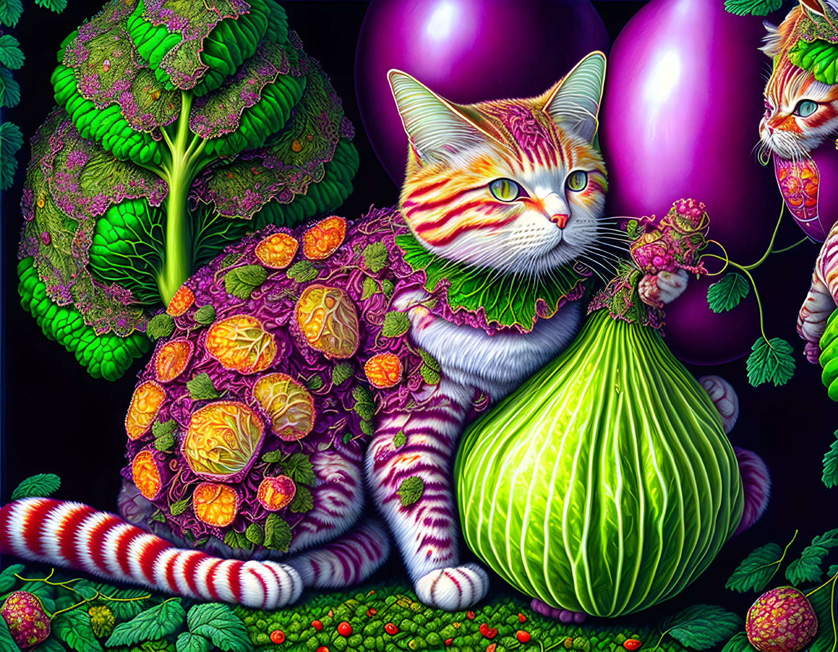 Colorful Cat Illustration with Vegetable Patterns & Stylized Fruits