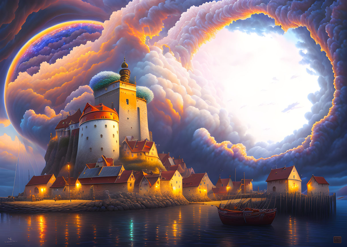 Coastal village artwork with lighthouse, glowing windows, swirling cloud, rainbow