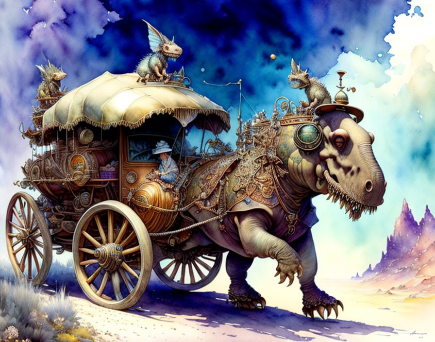 Fantasy artwork: Dinosaur-like creature pulls steampunk caravan with whimsical creatures in mystical landscape