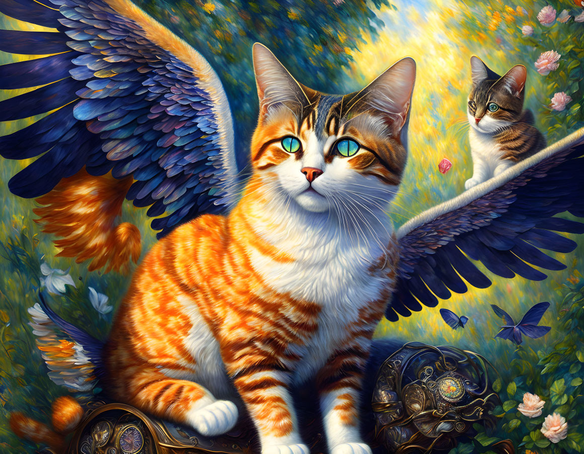 Colorful Painting of Winged Orange Tabby Cats Among Flowers