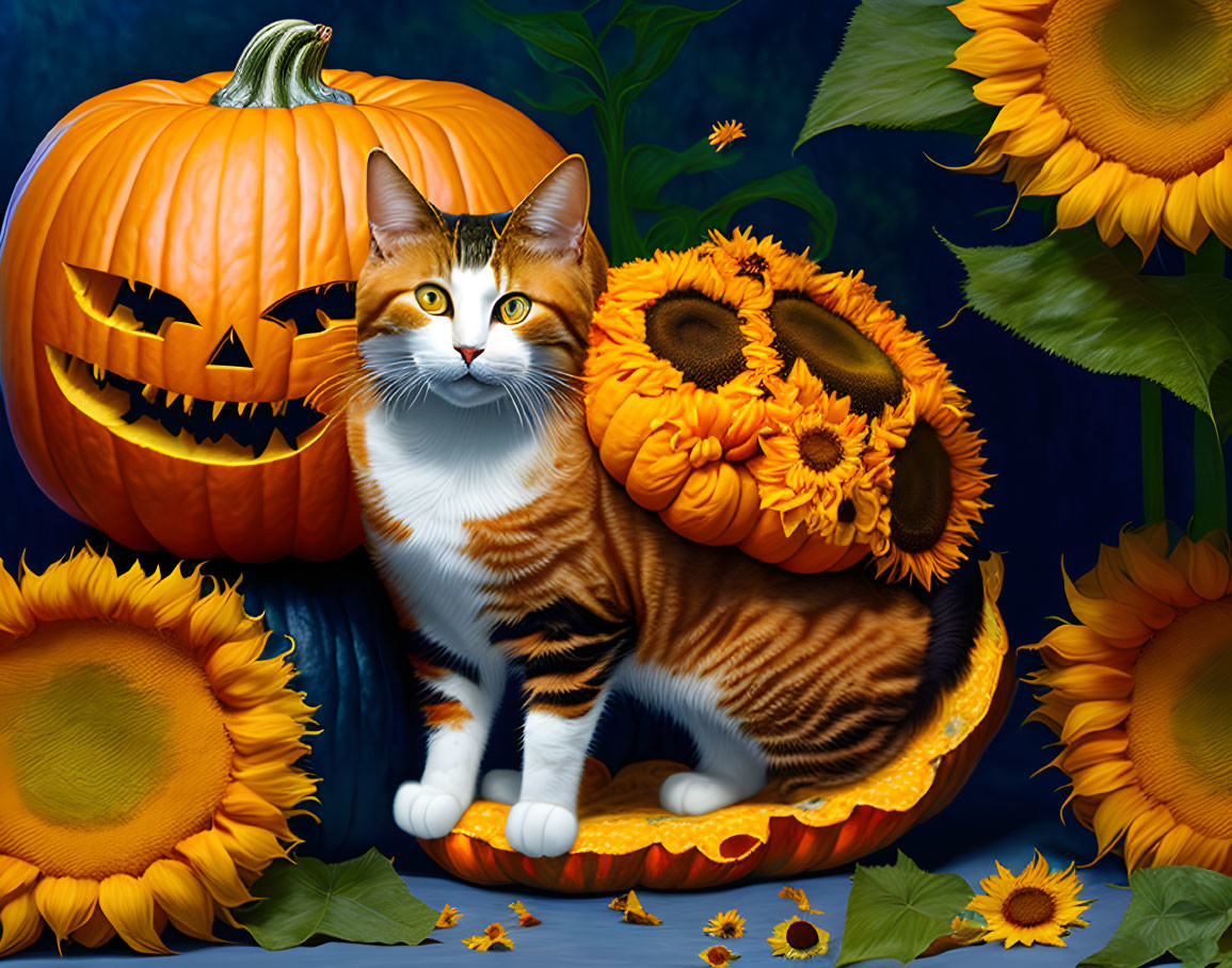 Colorful Cat in Pumpkin with Sunflowers on Dark Blue Background