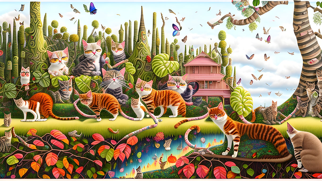 Colorful Cat Patterns in Whimsical Landscape