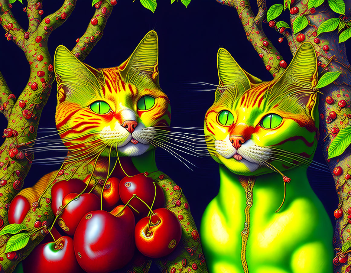 Colorful Stylized Cats with Green and Yellow Patterns Among Cherry-Like Fruits