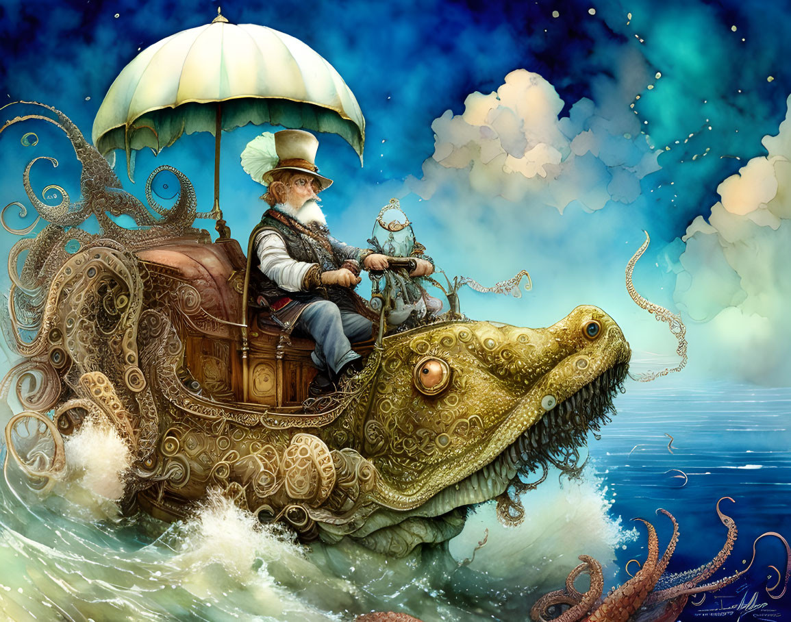 Elderly man pilots fantastical mechanical chameleon on water with umbrella and clouds.