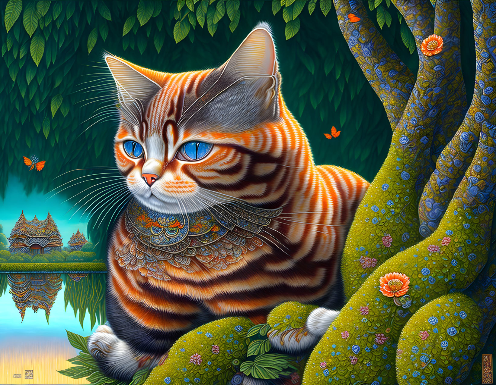 Colorful Cat Painting with Intricate Patterns and Fantastical Background