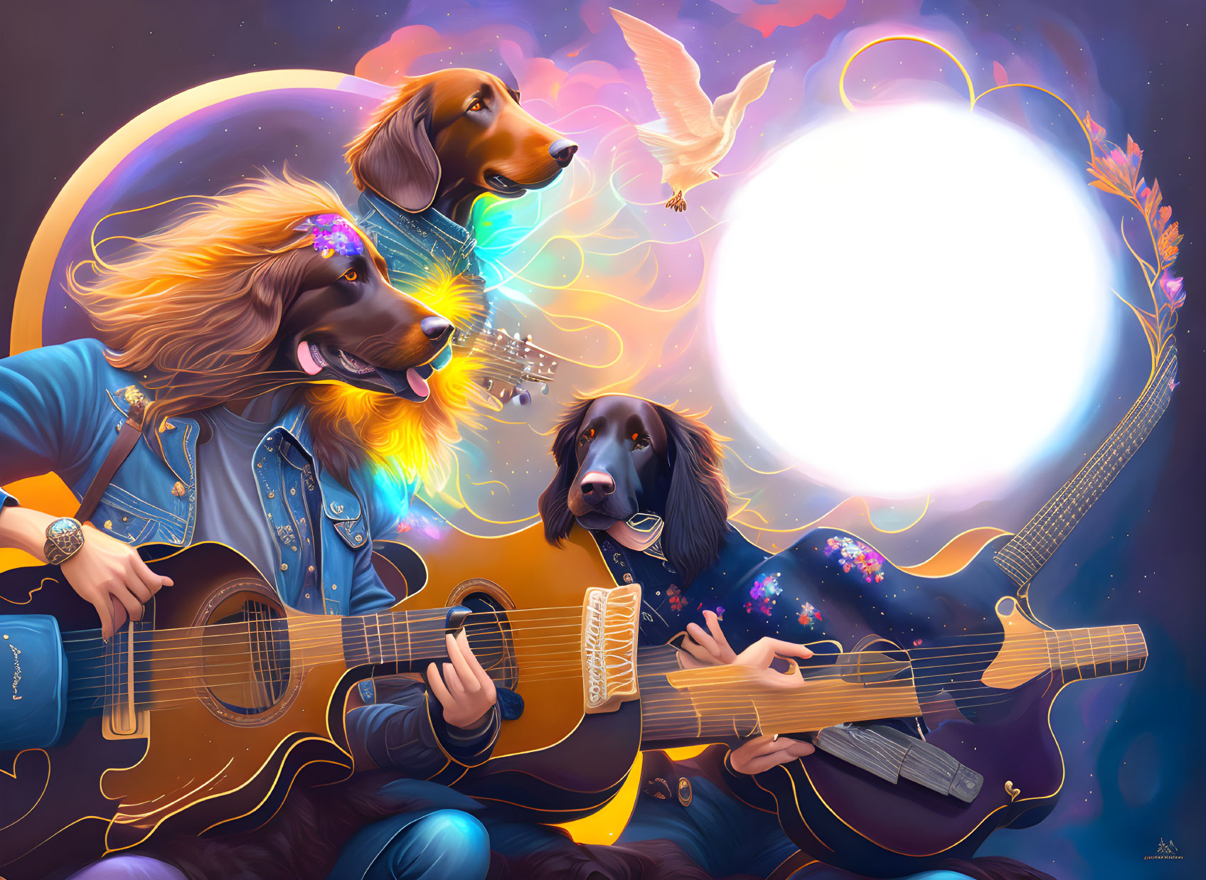 Vibrant cosmic scene: Three dogs as musicians with guitars and singing in swirling colors.