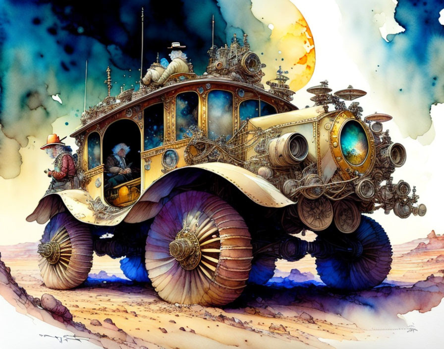 Detailed Steampunk Vehicle with Gear-like Wheels in Desert Landscape