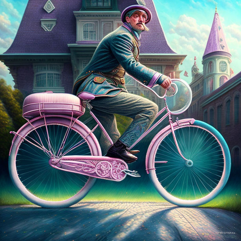 Vintage-dressed man on whimsical pink bicycle near colorful castle