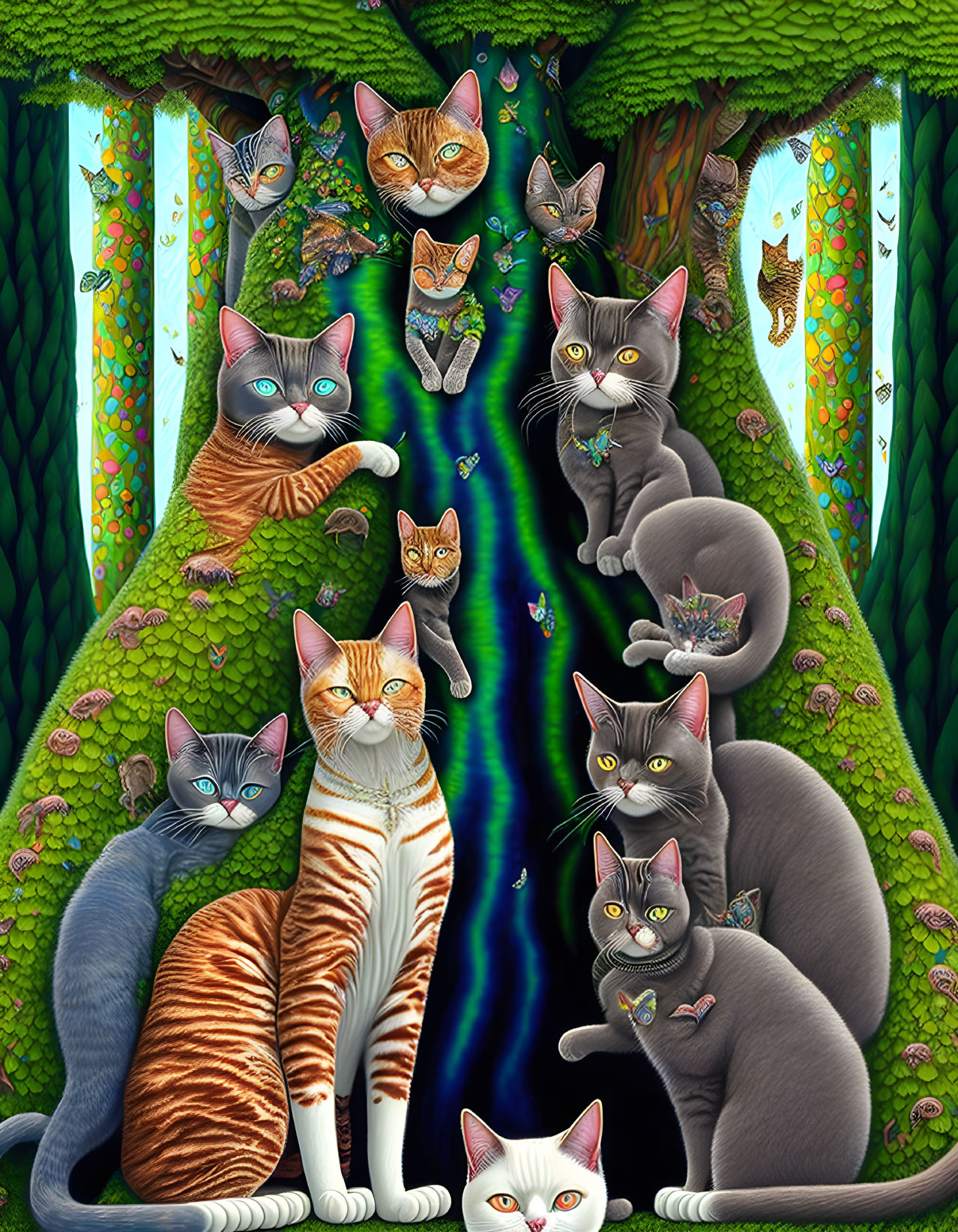 Illustration of Cats with Unique Markings in Enchanted Forest