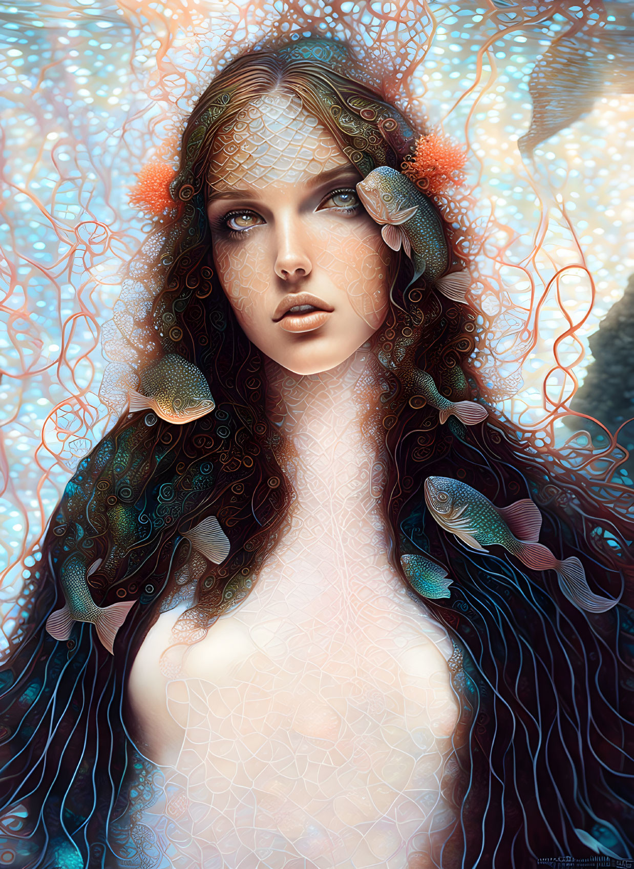 Surreal portrait of woman with fish, intricate patterns, marine and ethereal themes