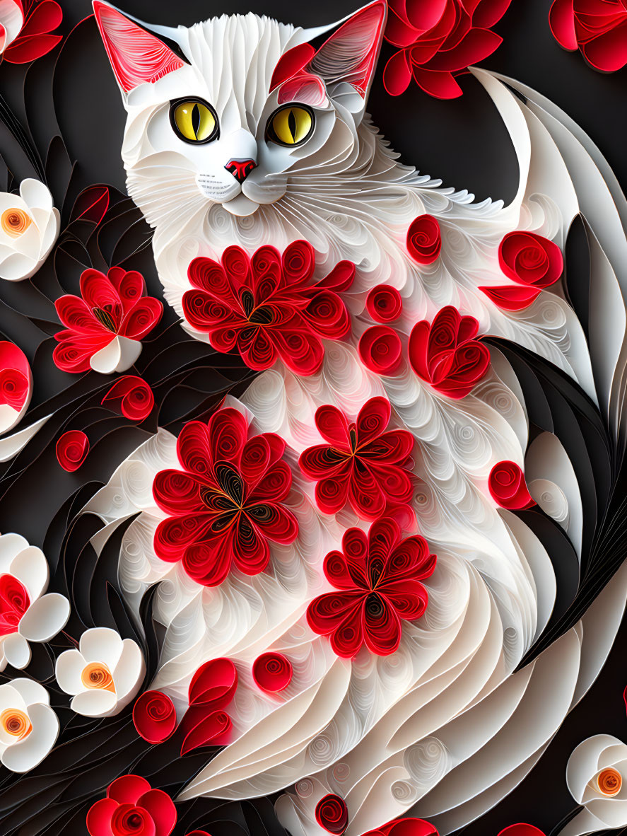 Stylized white cat digital artwork with paper flowers on black background