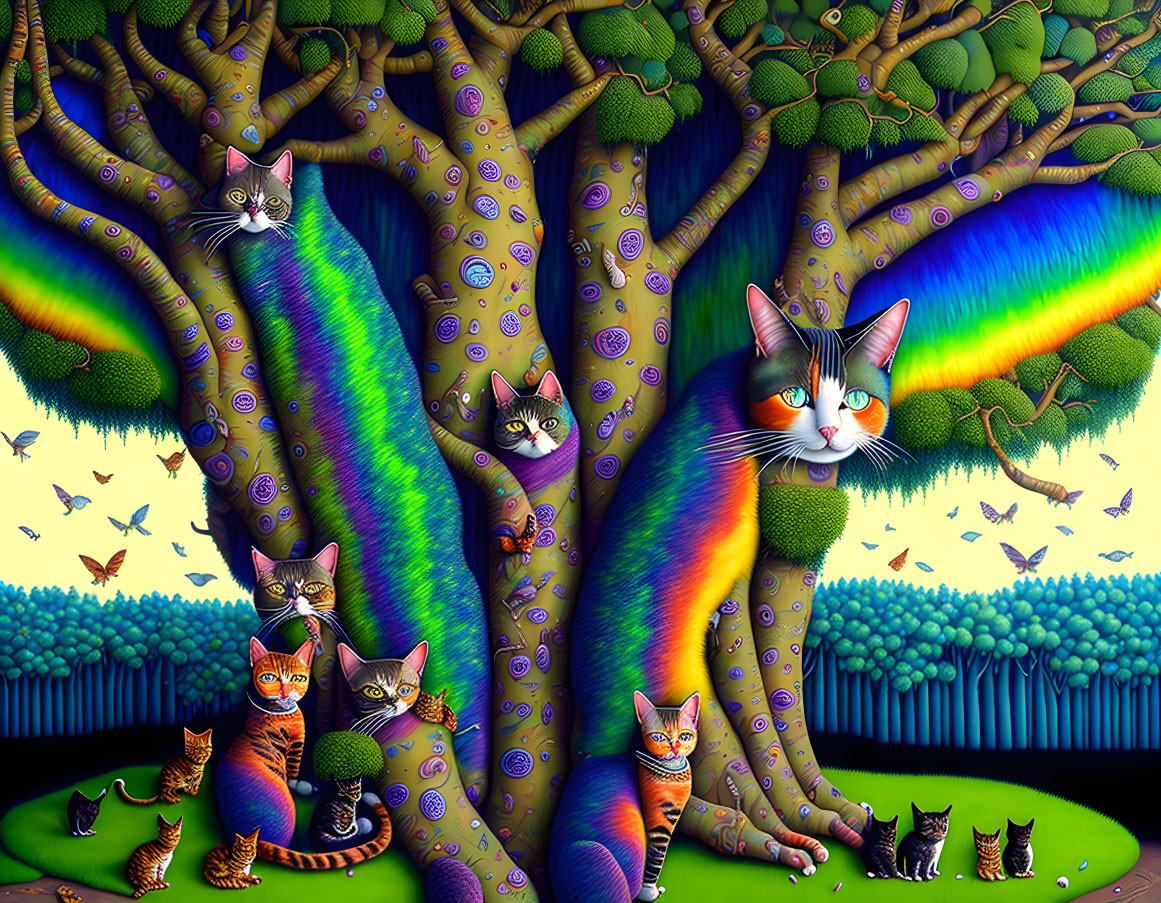 Colorful Cats Blend into Large Tree in Surreal Night Sky