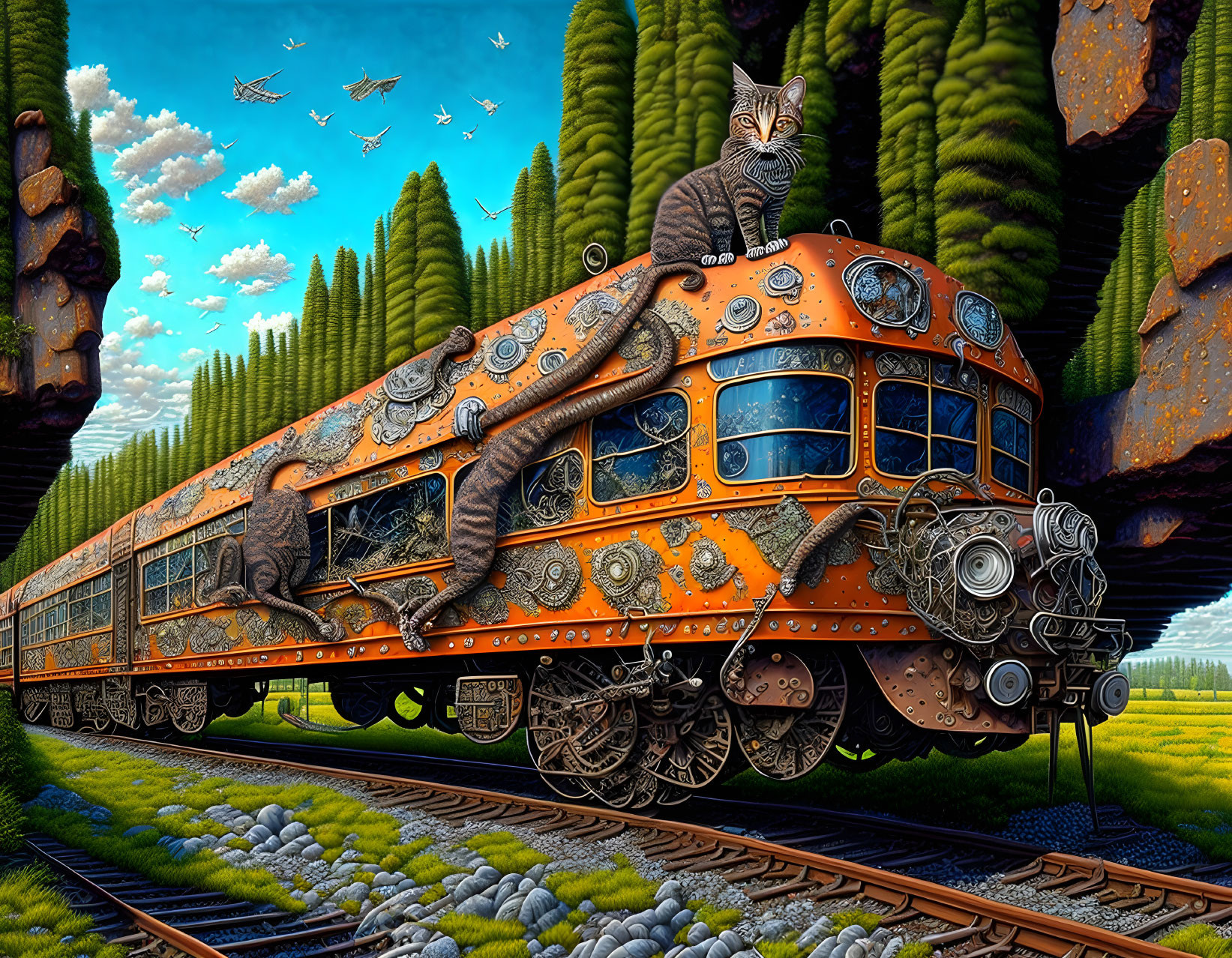 Colorful surreal artwork: Orange train with cat in fantasy landscape