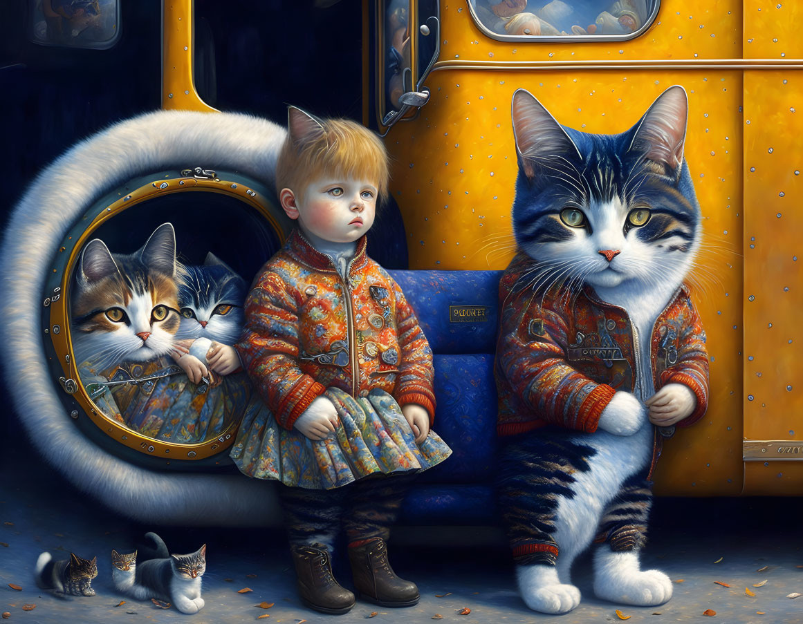 Whimsical painting of child with oversized cats near yellow bus