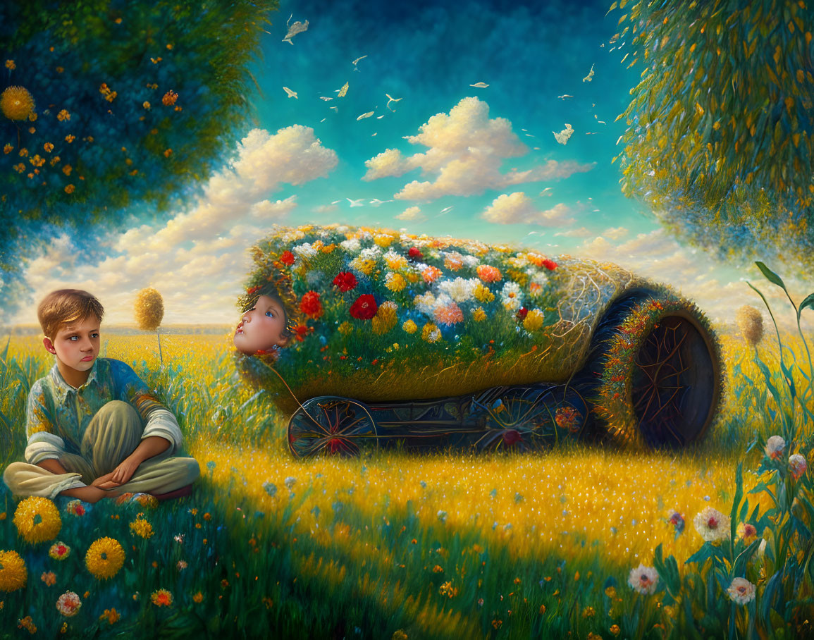 Children by flower-covered carriage in vibrant meadow under blue sky