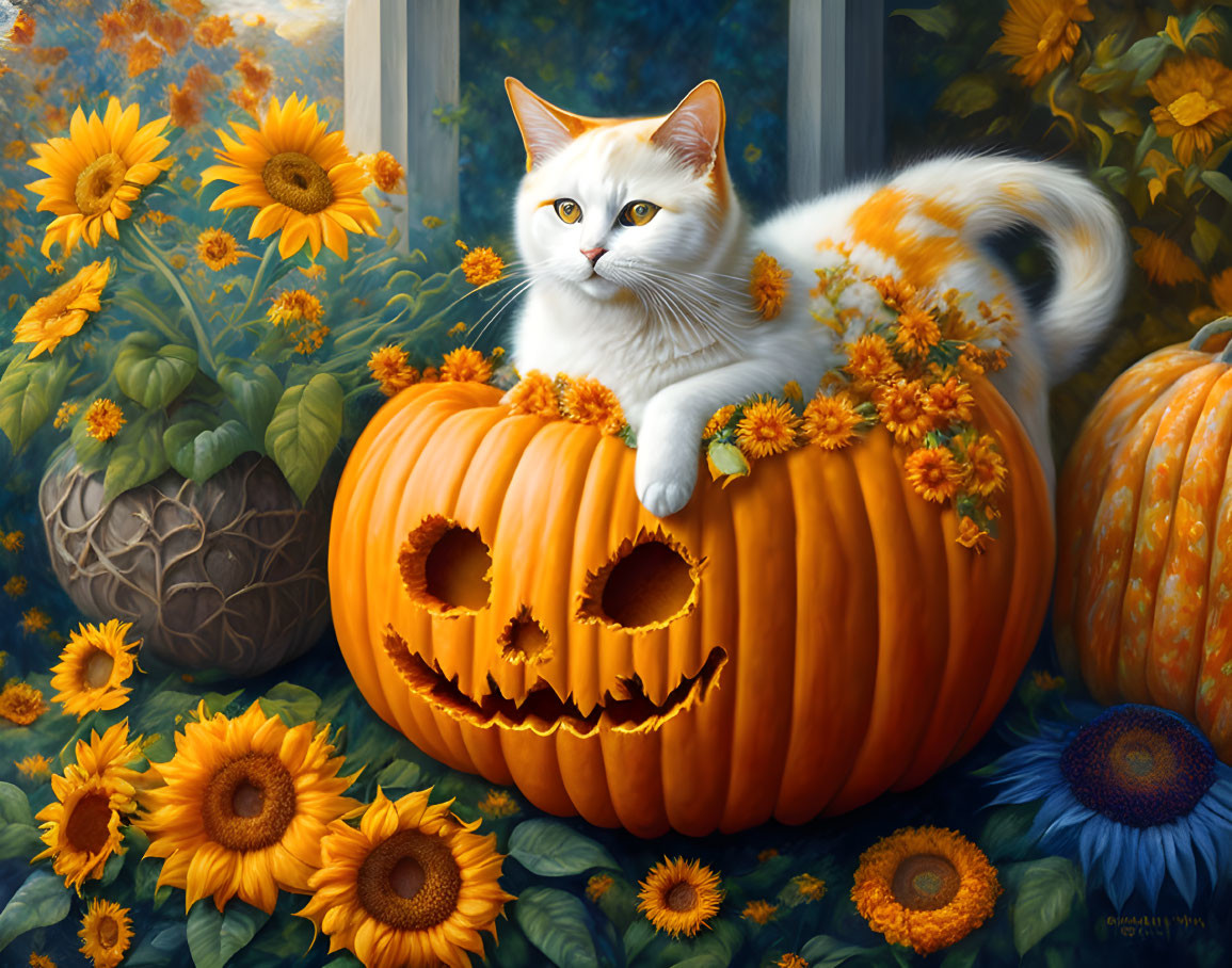 White and orange cat on carved pumpkin with sunflowers in garden setting