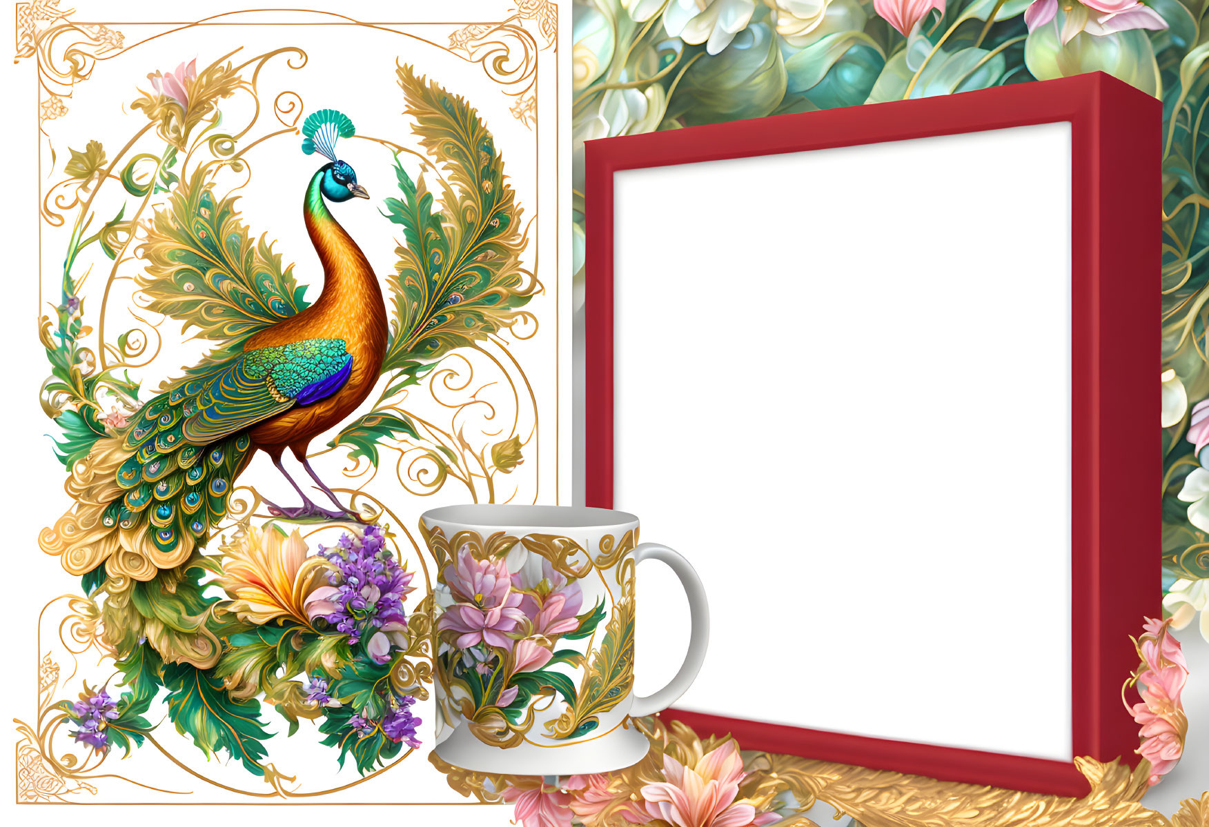 Colorful peacock illustration with floral pattern, cup and saucer, and red-framed canvas.