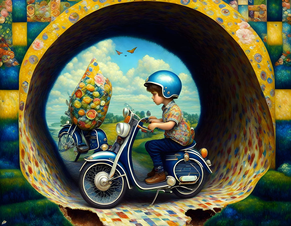 Child on vintage motorcycle with sidecar full of fruit in surreal landscape