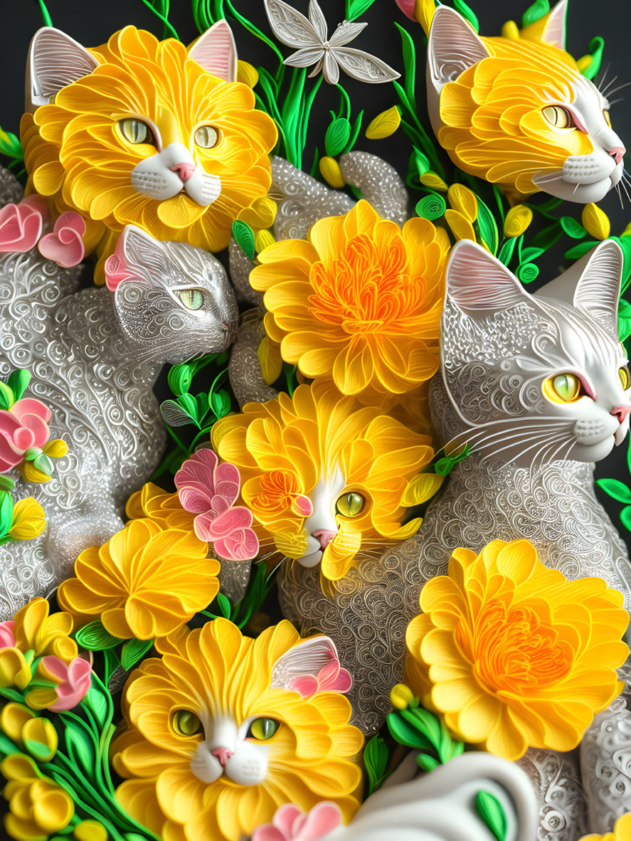 Colorful Cat and Floral Pattern Illustration on Grey Background