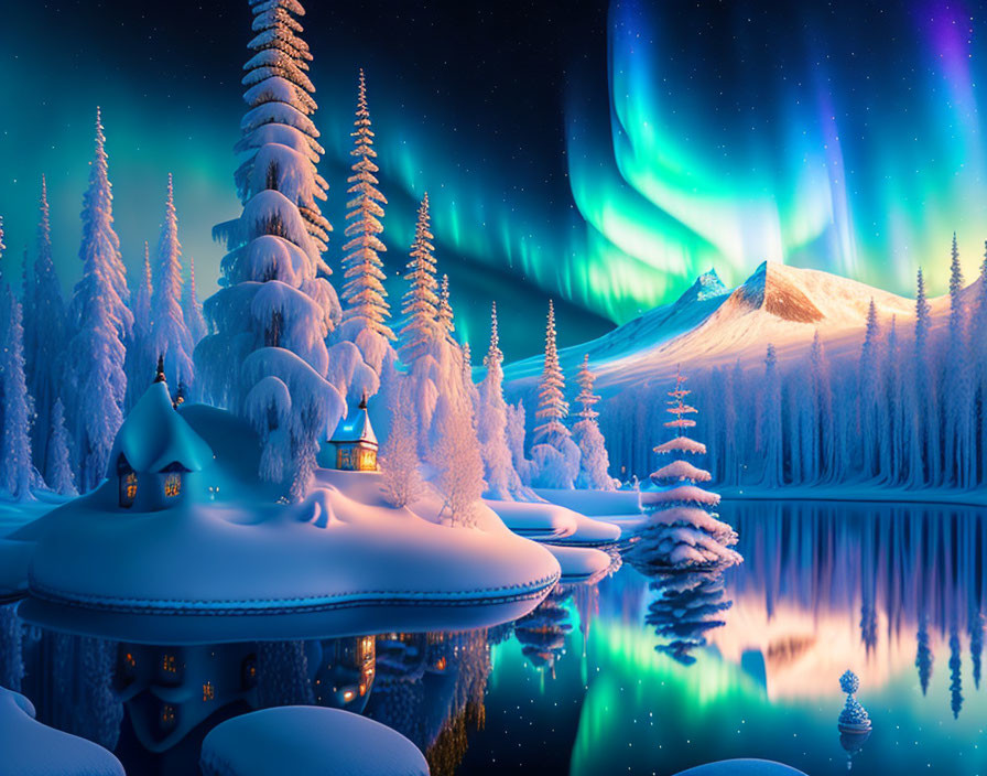 Snowy Night Landscape: Cozy Cabin, Snow-Covered Trees, Reflective Lake, Northern