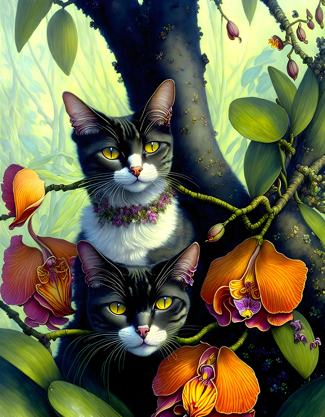 Two cats with flower garland in orange flowers and green leaves