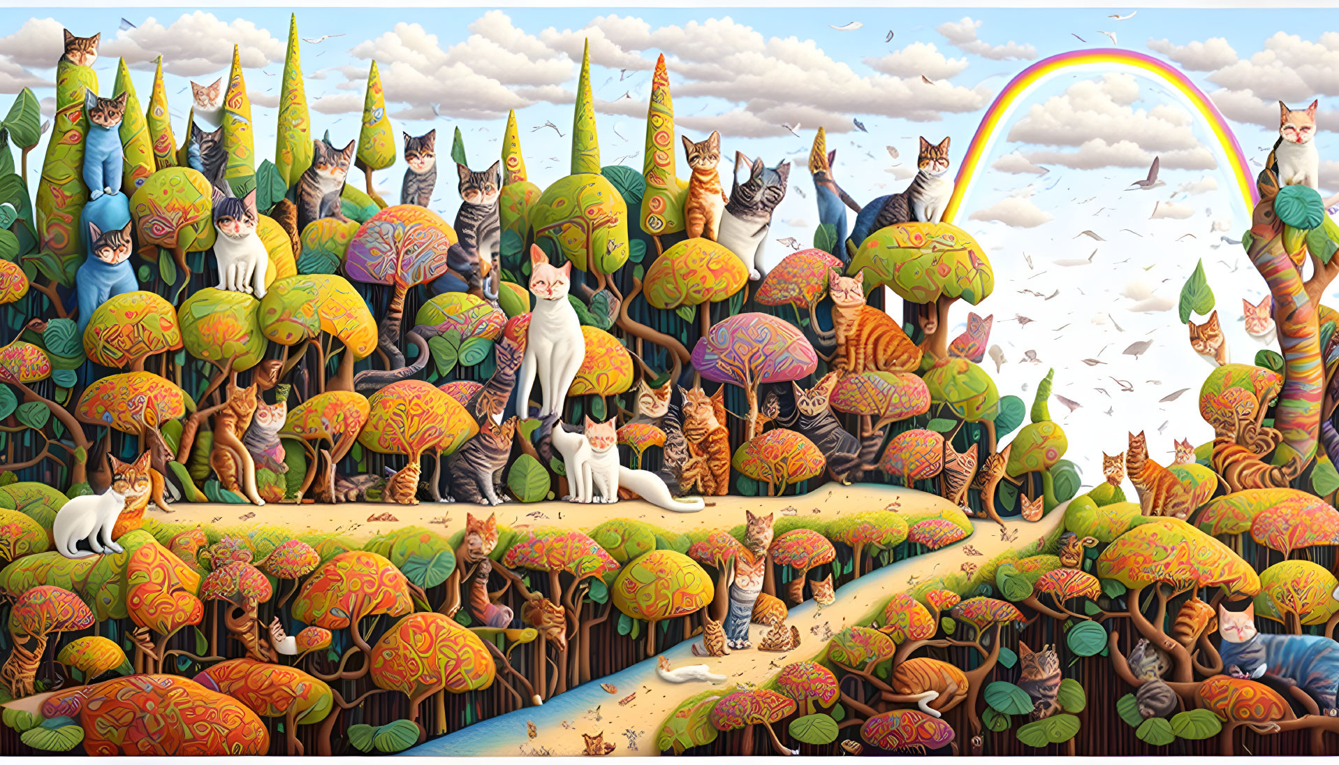 Colorful Landscape with Numerous Cats in Various Poses