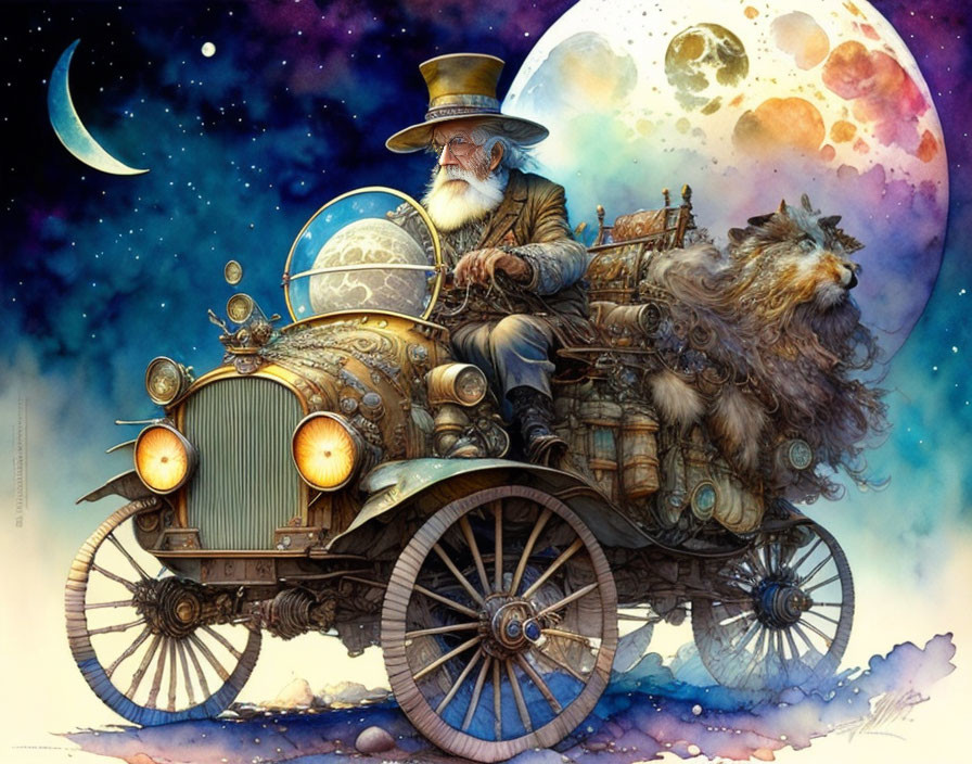 Elderly man in hat drives vintage car with shaggy dog under moons