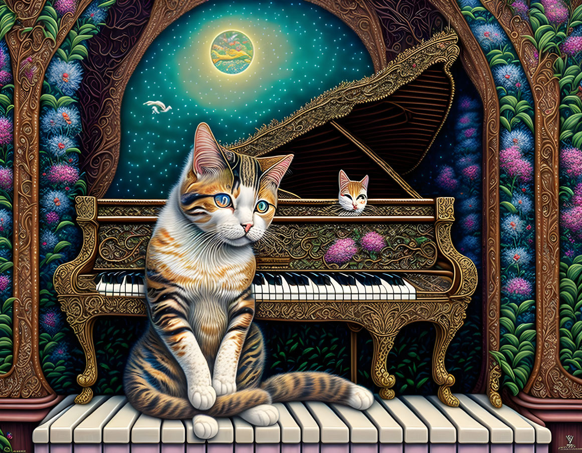 Vibrant artwork: large cat at piano with cosmic background