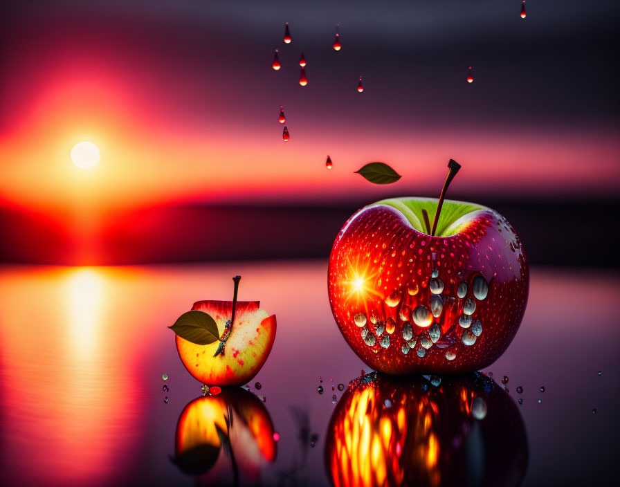 Vibrant sunset reflection with water droplets on apples