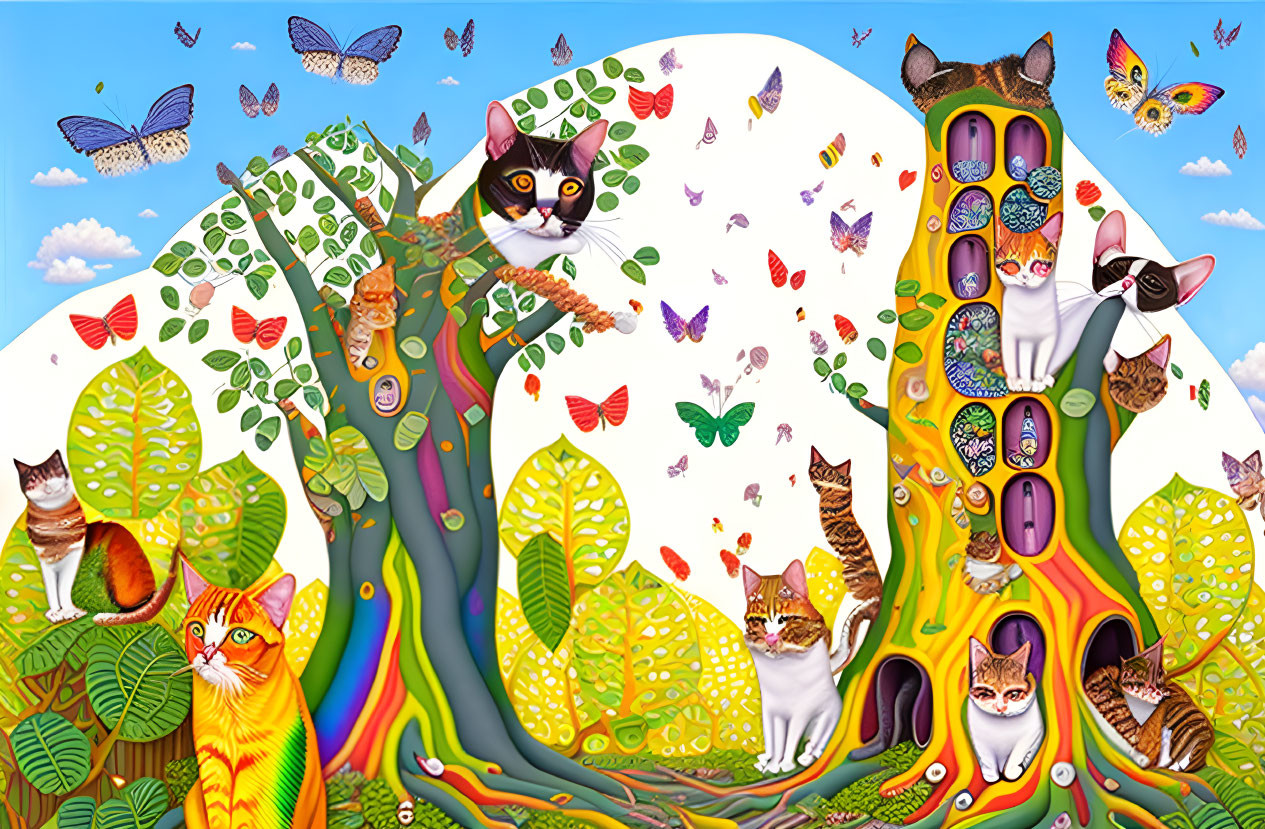 Colorful Illustration of Cats in Whimsical Tree with Butterflies