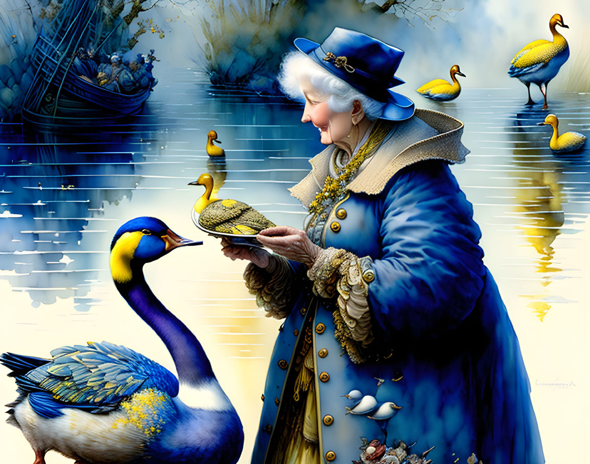 Elderly woman in vintage dress feeds bird with ducks on water and sunken boat.