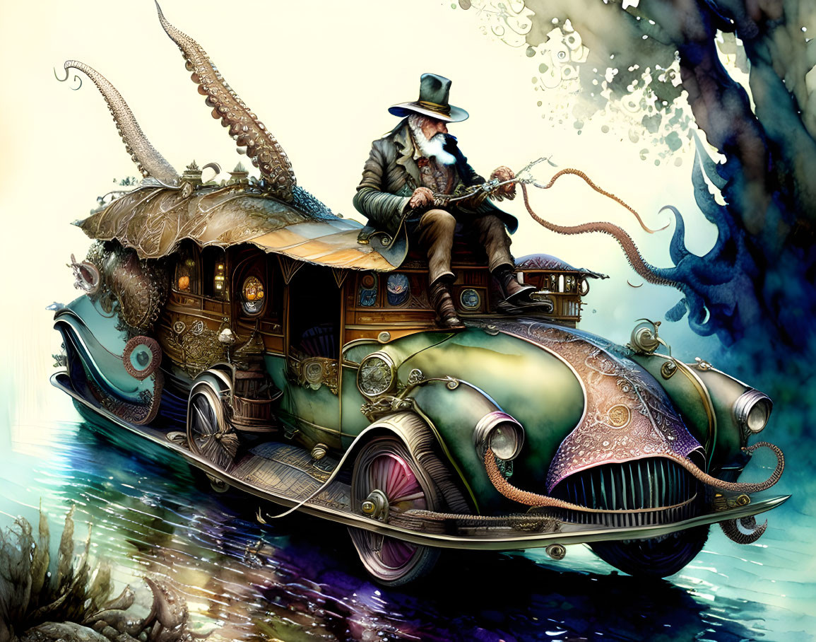 Steampunk-themed man pilots intricate vehicle in surreal seascape