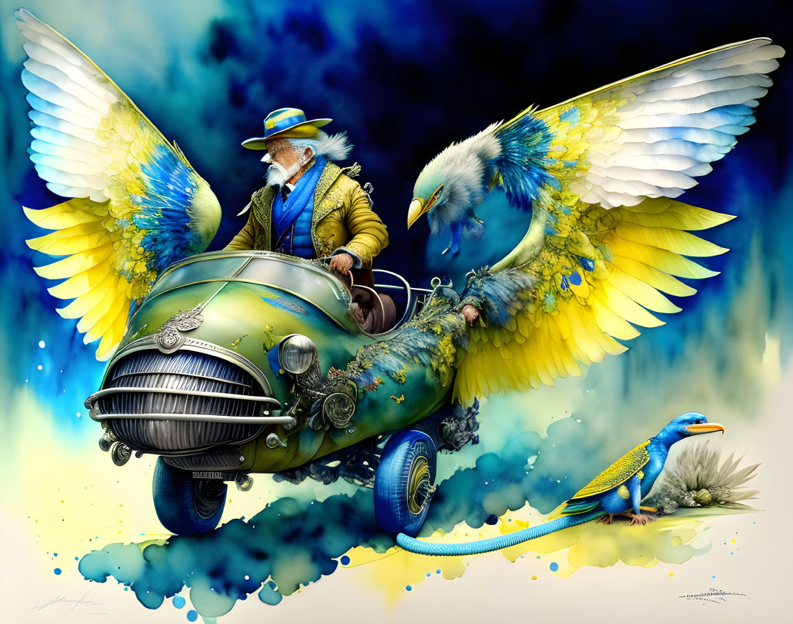 Fantastical artwork of character in vintage attire riding winged bird-like car amid colorful splashes and