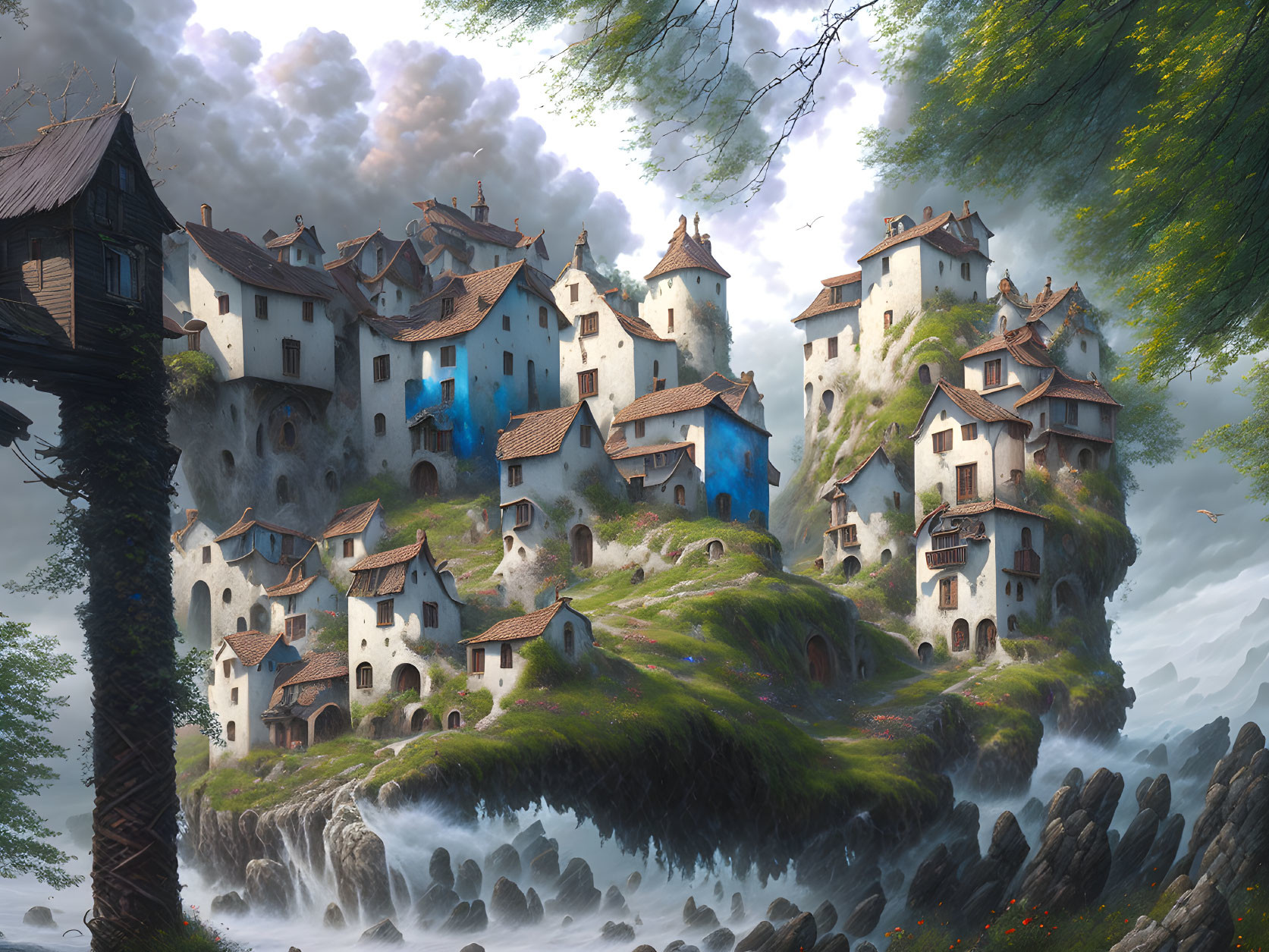 Quaint fantasy village nestled in rugged hills with blue rooftops