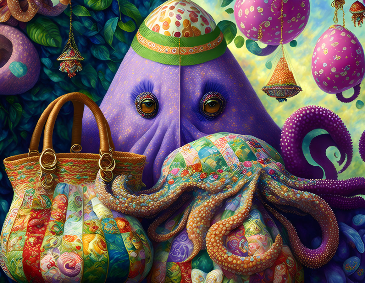 Vibrant octopus art with patterned skin, holding bag, Easter eggs, whimsical foliage