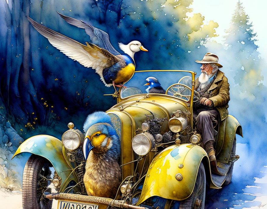 Elderly man in hat sits in classic car with oversized birds in colorful forest