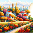 Colorful Landscape with Numerous Cats in Various Poses