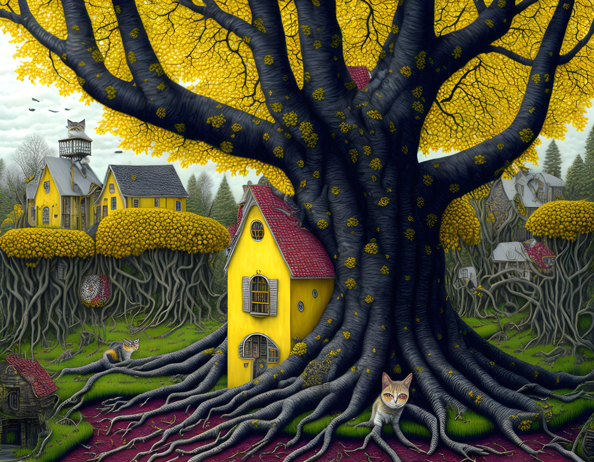 Colorful houses embraced by tree roots in whimsical landscape