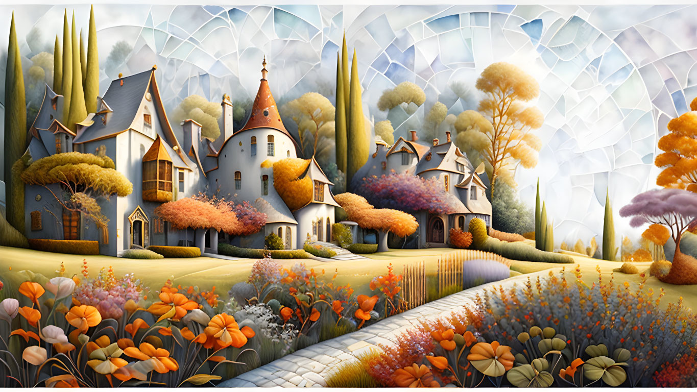 Whimsical landscape with storybook cottages and colorful flora