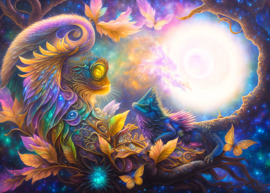 Colorful mythical scene with bird and creature on branch under celestial body