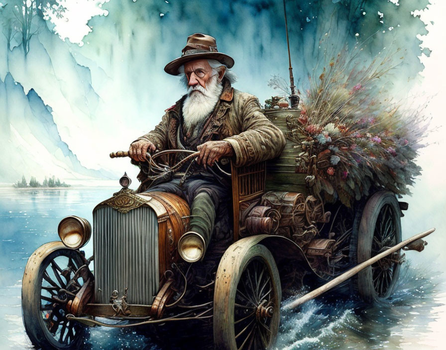 Elderly man with beard driving vintage car filled with flowers in misty river-side scene