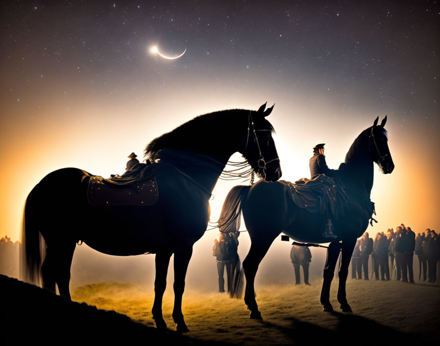 Equestrian silhouettes under crescent moon in twilight scene