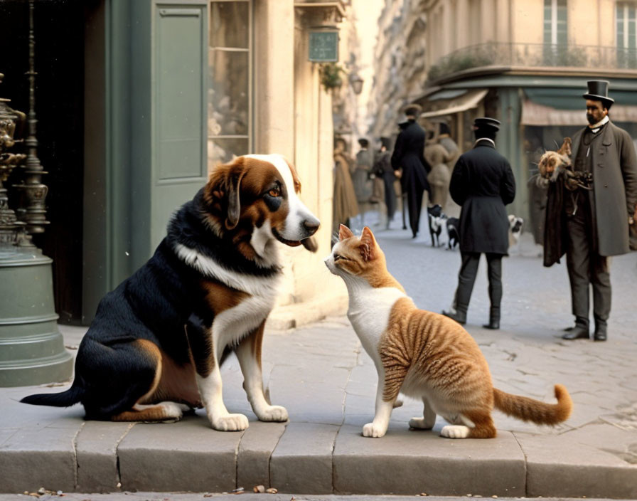 Dog and cat on cobblestone street with elegant pedestrians and vintage architecture.