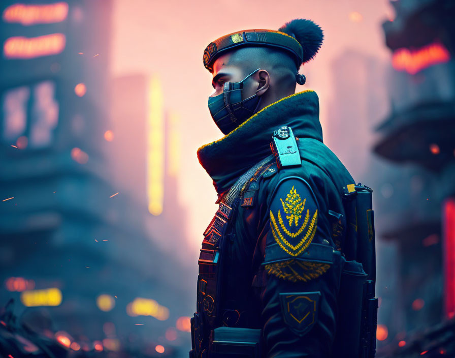 Futuristic military uniform with glowing elements in neon-lit cyberpunk setting