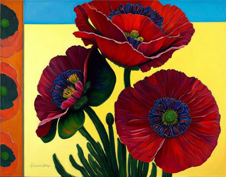 Colorful painting of red poppies on yellow background with blue and black stamens.