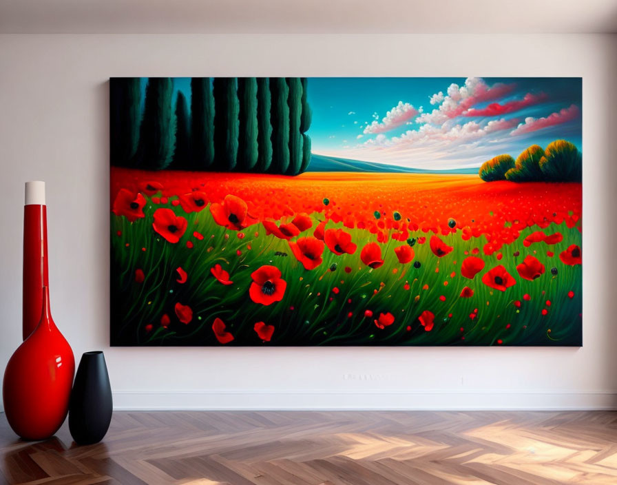 Colorful painting of red poppy field with green landscape and dynamic sky displayed on white wall with v