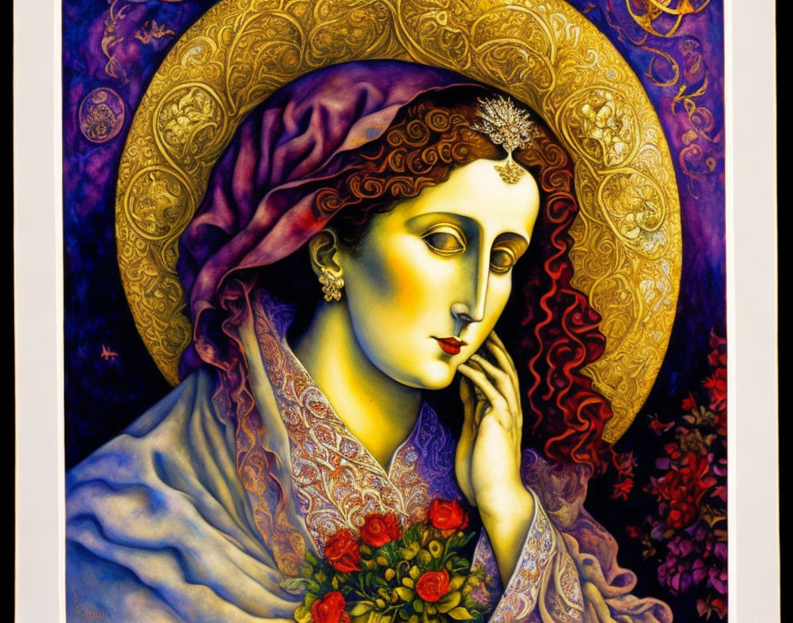 Colorful Painting of Woman with Halo, Red Curly Hair, Purple Drape, Golden Headscar