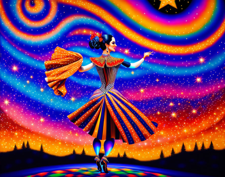 Colorful Dancer Illustration with Starry Night Sky Backdrop