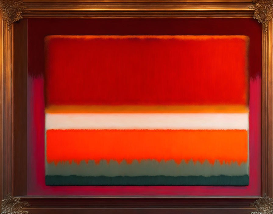 Colorful Abstract Painting with Red and Orange Horizontal Bands in Ornate Frame