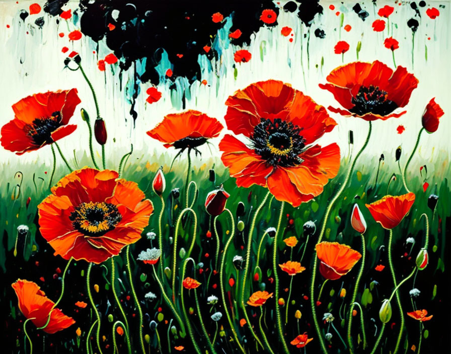 Colorful painting of red poppies in a textured style on black and green backdrop